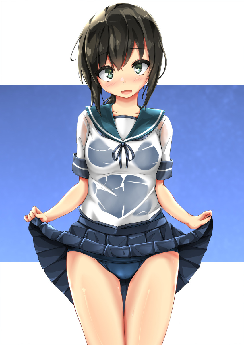 1girl black_hair black_swimsuit blue_sailor_collar blue_skirt blush clothes_lift collarbone cowboy_shot eyebrows_visible_through_hair fubuki_(kancolle) green_eyes hair_between_eyes highres kantai_collection lifted_by_self one-piece_swimsuit open_mouth pleated_skirt sailor_collar school_swimsuit school_uniform see-through serafuku short_hair short_ponytail short_sleeves skirt skirt_lift solo swimsuit swimsuit_under_clothes unomi