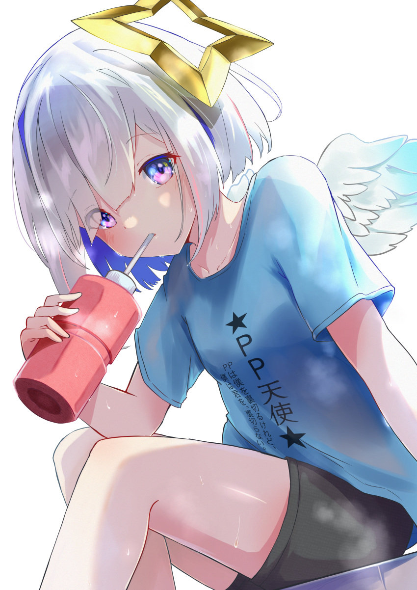 1girl absurdres amane_kanata bangs black_shorts blue_hair blue_shirt bottle breasts clothes_writing collarbone drinking eyebrows_visible_through_hair eyes_visible_through_hair feathered_wings feet_out_of_frame hair_over_one_eye highres hilamaru holding holding_bottle hololive looking_at_viewer mini_wings multicolored_hair shirt short_shorts short_sleeves shorts simple_background sitting small_breasts solo sweat translation_request two-tone_hair violet_eyes virtual_youtuber white_background white_wings wings