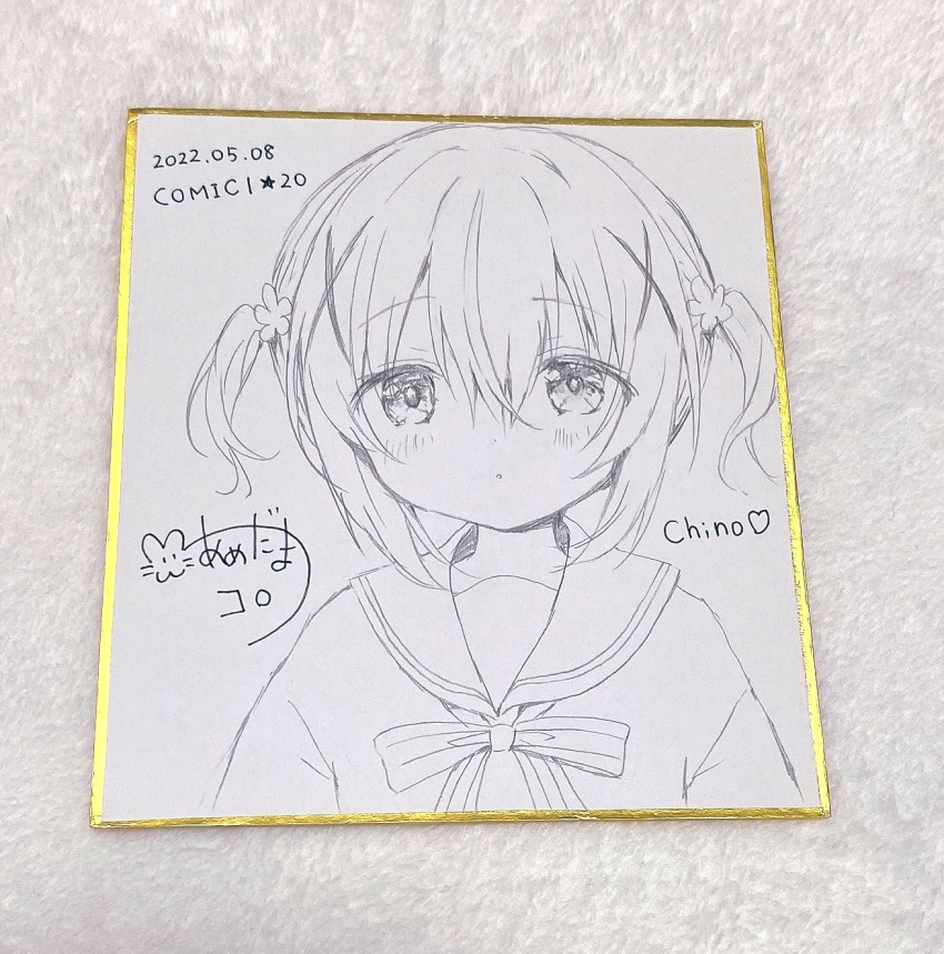 1girl :o alternate_hair_length alternate_hairstyle amedamacon bangs blush bow character_name commentary_request dated eyebrows_visible_through_hair flower gochuumon_wa_usagi_desu_ka? hair_between_eyes hair_flower hair_ornament highres kafuu_chino looking_at_viewer parted_lips photo_(medium) sailor_collar school_uniform serafuku shirt short_twintails signature solo striped striped_bow traditional_media twintails upper_body x_hair_ornament