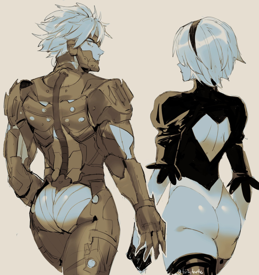 1boy 1girl armor ass back_cutout bodysuit clothing_cutout company_connection crossover facing_away from_behind gloves hairband highleg highleg_leotard highres juliet_sleeves leotard long_sleeves looking_back metal_gear_(series) monochrome nier_(series) nier_automata puffy_sleeves raiden_(metal_gear) short_hair shoulder_blades simple_background sketch skin_tight thigh-highs thighs thong_leotard tirtyturtle yorha_no._2_type_b