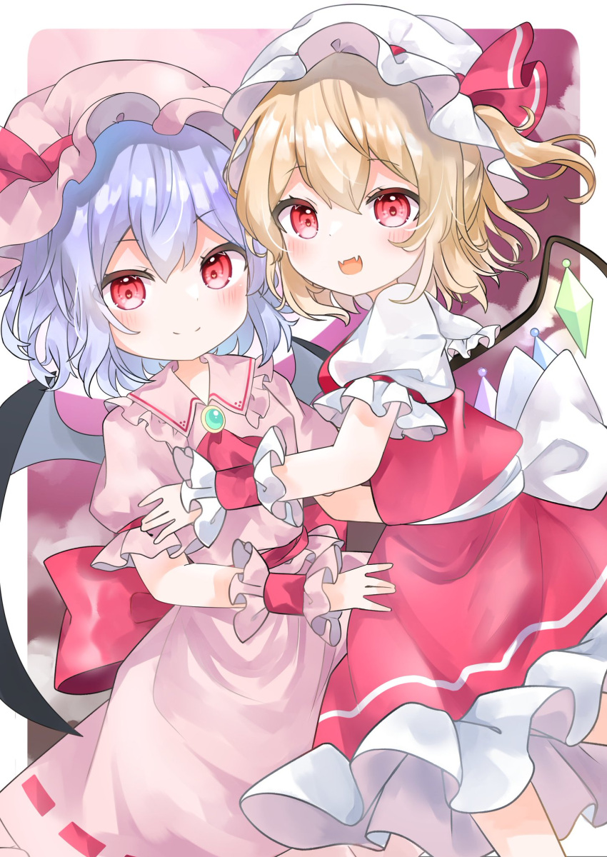 2girls :d ascot bangs bat_wings blonde_hair closed_mouth crystal eyebrows_visible_through_hair fangs flandre_scarlet hat highres looking_at_viewer mob_cap multiple_girls one_side_up open_mouth pafe_yuzuran pink_background pink_headwear pink_shirt pink_skirt purple_hair red_ascot red_eyes red_skirt red_vest remilia_scarlet shirt short_hair short_sleeves siblings sisters skin_fangs skirt smile touhou vest white_headwear white_shirt wings wrist_cuffs