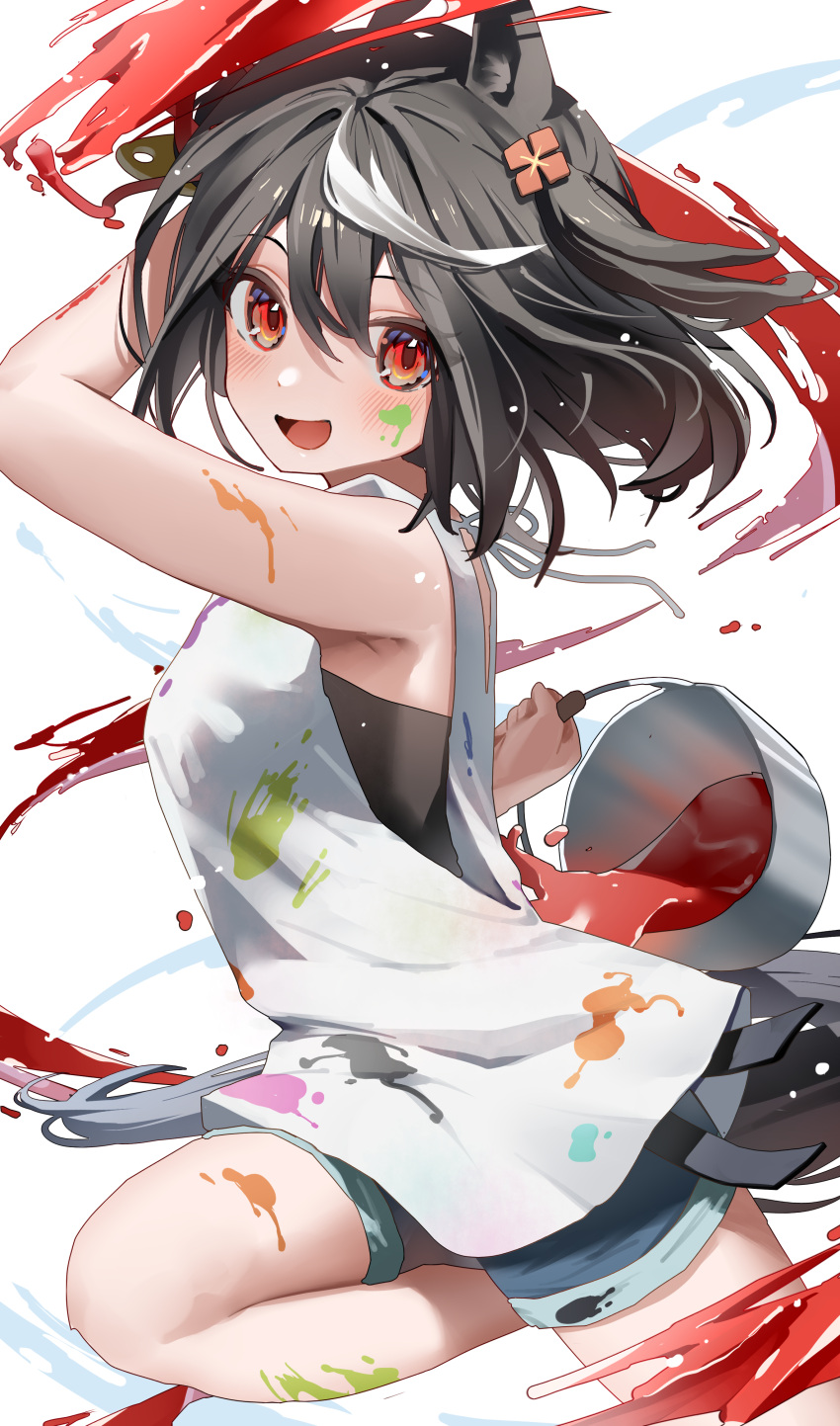 1girl absurdres animal_ears armpits black_hair breasts commentary_request hair_ornament highres horse_ears horse_girl horse_tail kitasan_black_(umamusume) looking_at_viewer medium_breasts medium_hair ningen_mame paint paint_can paintbrush red_eyes shorts simple_background solo tail umamusume white_background