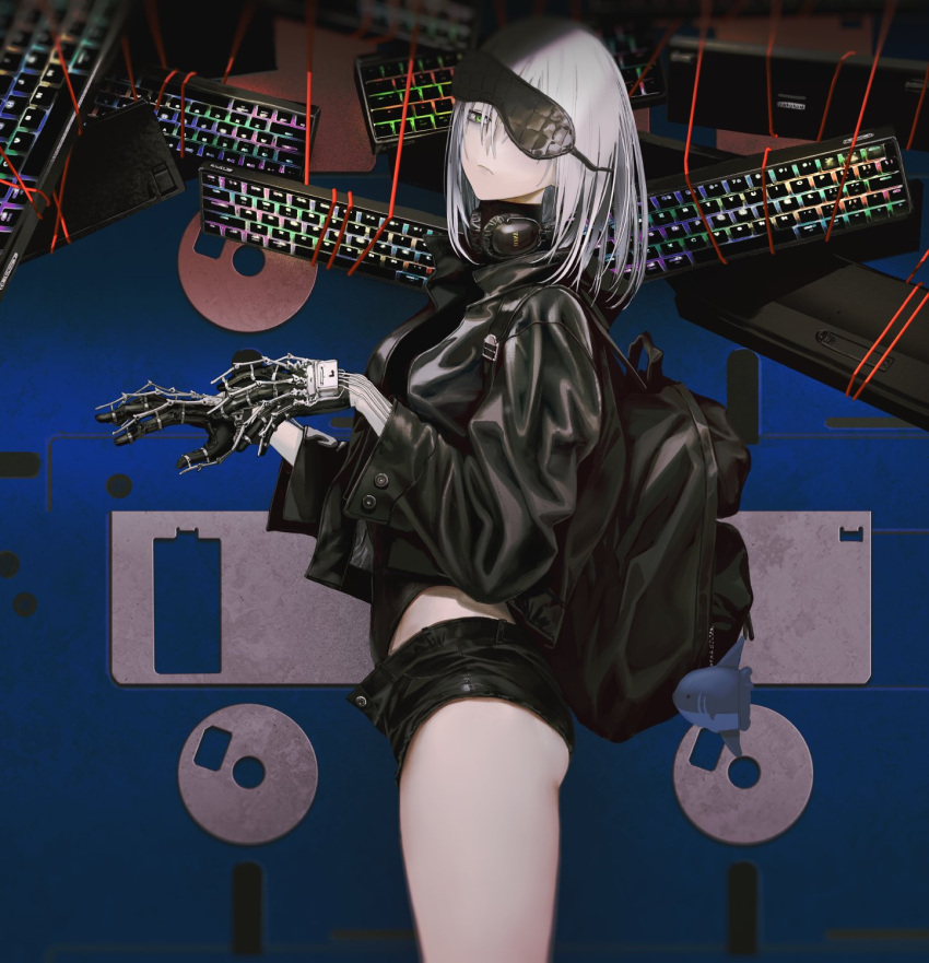 1girl ass backpack bag black_gloves blindfold blindfold_lift breasts floppy_disk gloves green_eyes headphones headphones_around_neck highres infukun jacket keyboard_(computer) leotard medium_hair one_eye_covered original shorts solo symbol-only_commentary white_hair