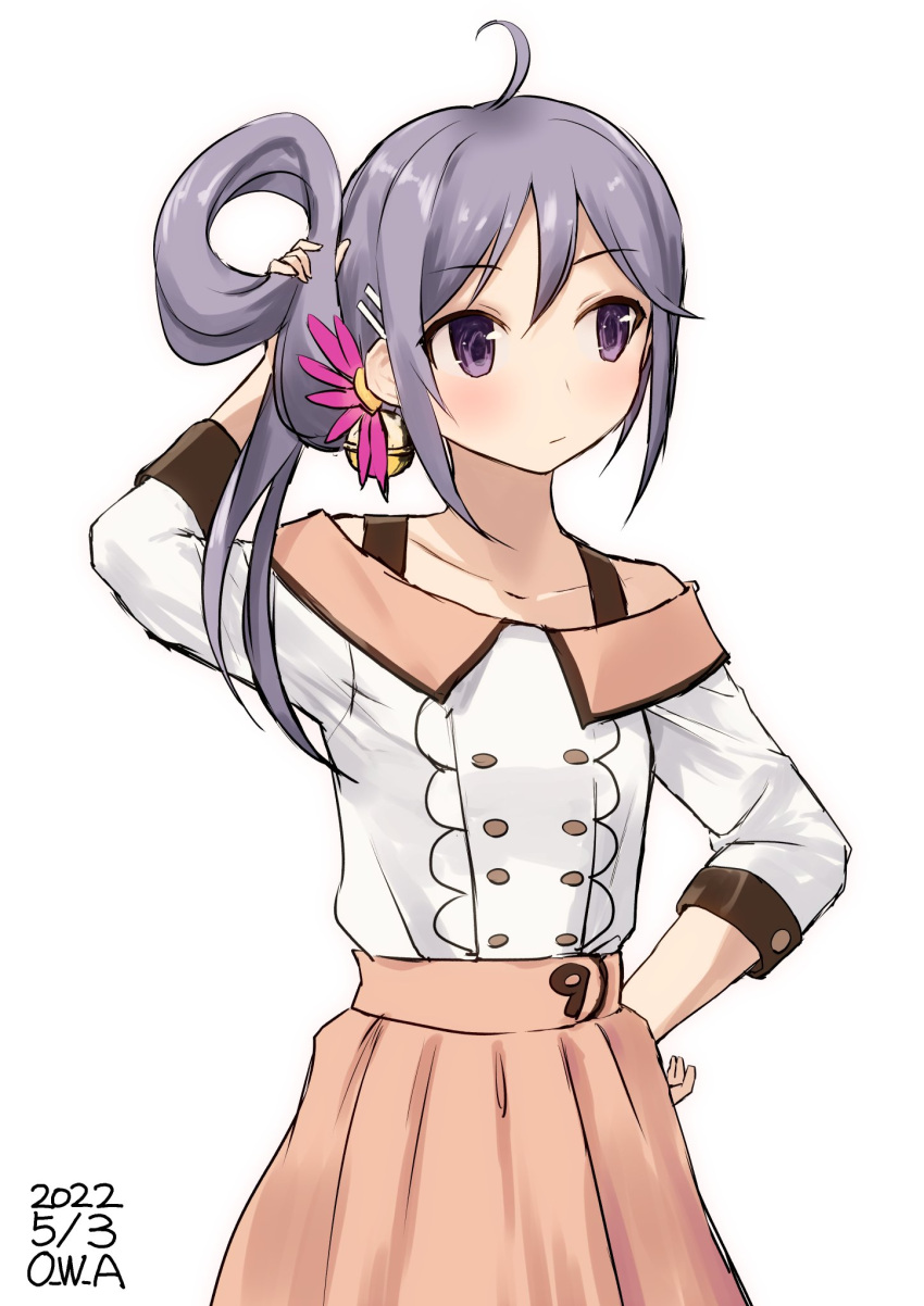 1girl akebono_(kancolle) artist_name bell dated flower hair_bell hair_flower hair_ornament highres holding holding_hair jingle_bell kantai_collection long_hair looking_to_the_side official_alternate_costume one-hour_drawing_challenge owa_(ishtail) pink_skirt purple_hair shirt side_ponytail simple_background skirt solo very_long_hair violet_eyes white_background white_shirt