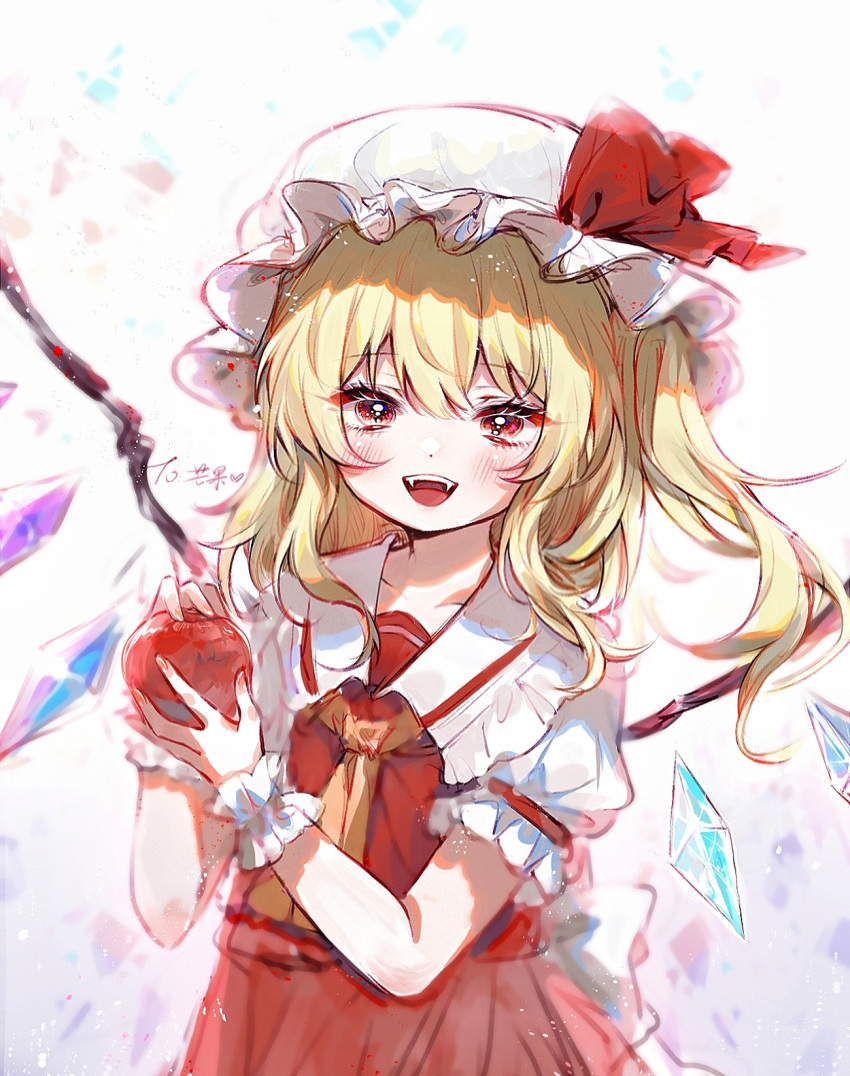 1girl :d apple ascot blonde_hair blush collared_shirt commentary crystal eyebrows_visible_through_hair fangs flandre_scarlet food frilled_shirt_collar frills fruit hair_between_eyes hands_up hat hat_ribbon highres holding holding_food holding_fruit looking_at_viewer medium_hair mob_cap open_mouth puffy_short_sleeves puffy_sleeves red_eyes red_ribbon red_skirt red_vest ribbon shirt shito_neko_(zitonger) short_sleeves side_ponytail signature skirt skirt_set smile solo teeth tongue touhou tsurime upper_body upper_teeth vest white_headwear white_shirt wings wrist_cuffs yellow_ascot