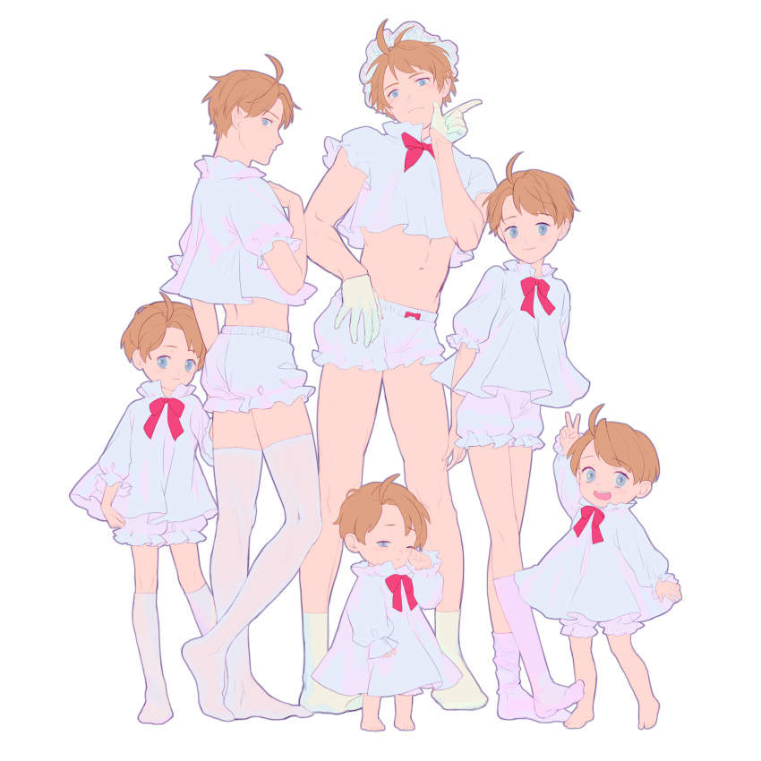 6+boys absurdres age_progression america_(hetalia) arm_up arms_behind_back axis_powers_hetalia bloomers bonnet child crossdressing finger_gun highres huacai multiple_boys multiple_persona rubbing_eyes socks thigh-highs time_paradox toddler underwear v white_legwear