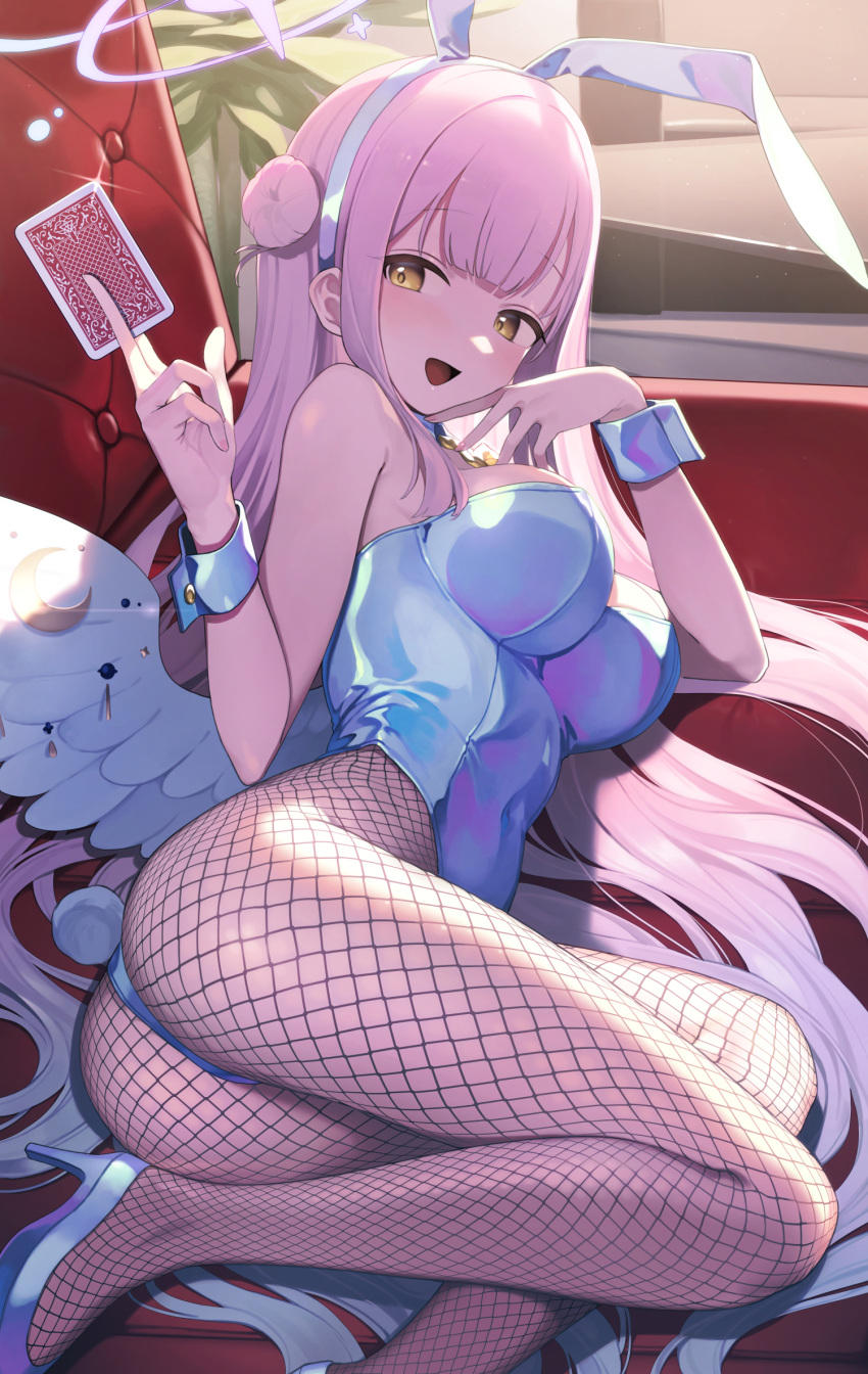 1girl :d angel_wings animal_ears ass bare_shoulders blue_archive blue_leotard breasts card couch covered_navel detached_collar fake_animal_ears feathered_wings fishnet_legwear fishnets hair_bun hairband halo high_heels highleg highleg_leotard highres holding large_breasts leotard long_hair looking_at_viewer mika_(blue_archive) on_couch open_mouth pantyhose pink_hair playboy_bunny playing_card rabbit_ears signalviolet smile solo strapless strapless_leotard very_long_hair wings wrist_cuffs yellow_eyes