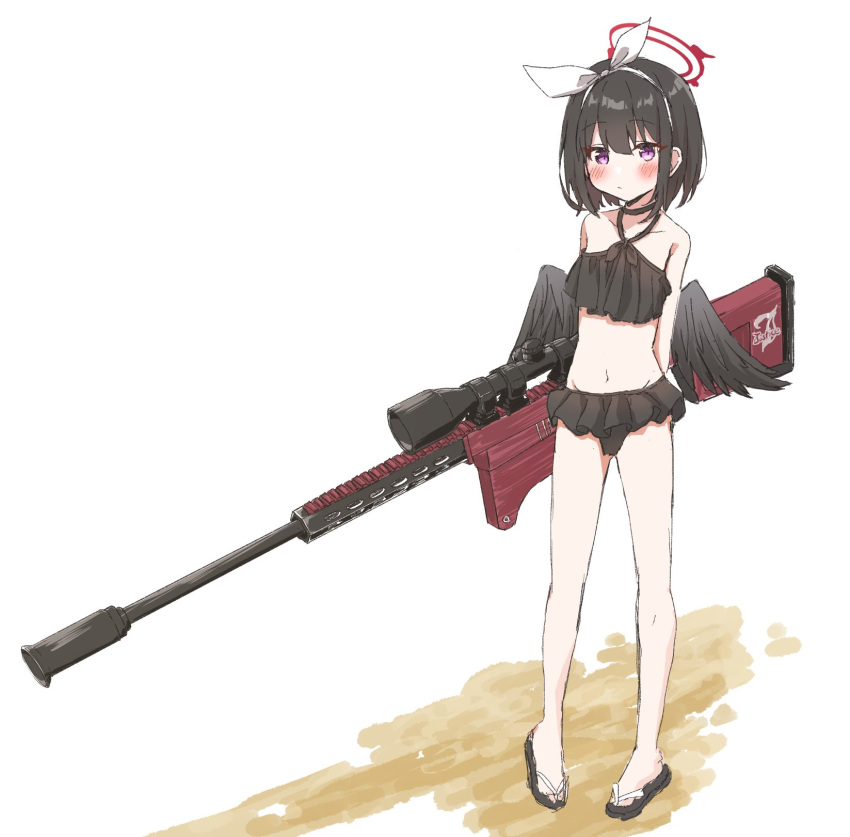 1girl anti-materiel_rifle arms_behind_back black_hair blue_archive collarbone commentary_request full_body gun highres kaki0krnt looking_at_viewer mashiro_(blue_archive) navel rifle sandals scope sniper_rifle solo swimsuit violet_eyes weapon wings