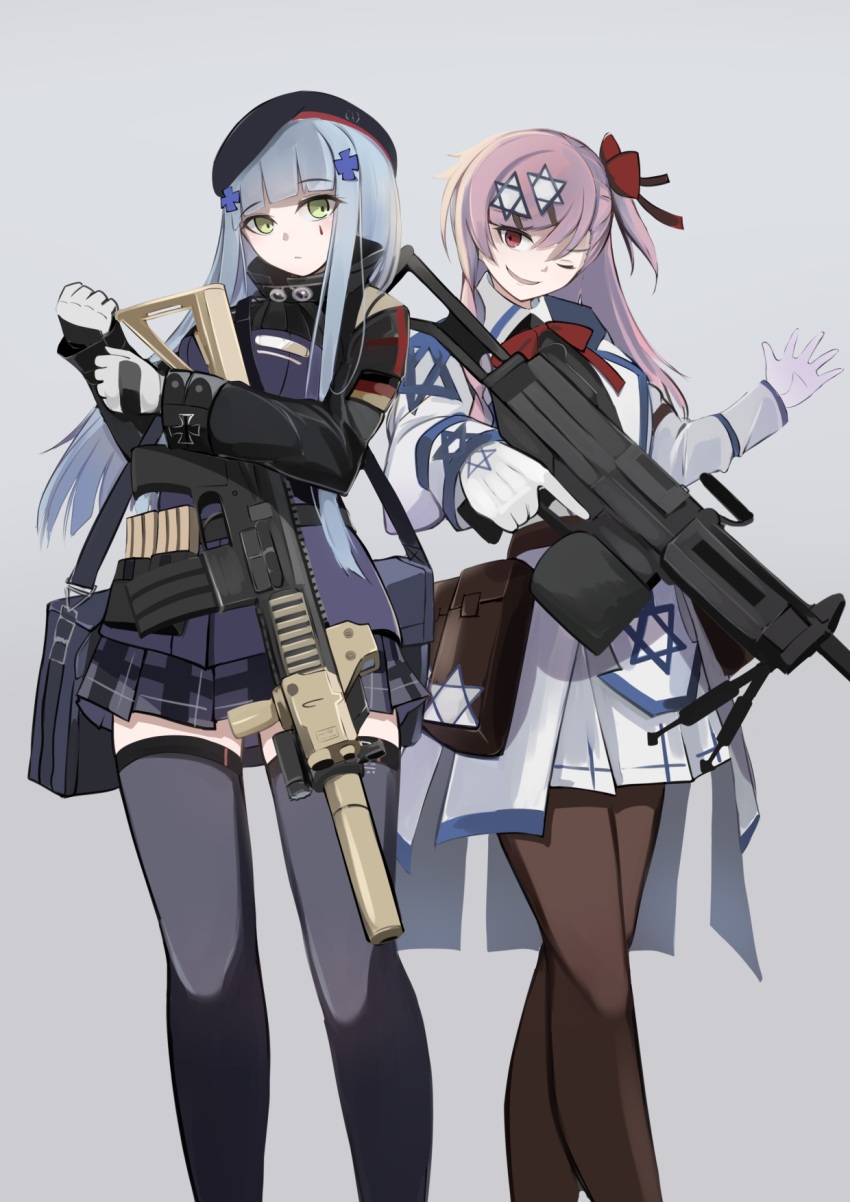 2girls arm_up assault_rifle bag bangs beret black_legwear bow chcn closed_mouth commentary_request eyebrows_visible_through_hair feet_out_of_frame girls_frontline gloves green_eyes grey_background gun h&amp;k_hk416 hair_between_eyes hair_bow hair_ornament hair_ribbon hairclip hat hexagram highres hk416_(girls'_frontline) holding holding_gun holding_weapon imi_negev jacket long_hair looking_at_viewer messenger_bag military_jacket multiple_girls negev_(girls'_frontline) one_eye_closed one_side_up pantyhose parted_lips pink_hair plaid plaid_skirt red_bow red_eyes ribbon rifle shoulder_bag simple_background skirt smile standing star_of_david teardrop thigh-highs weapon white_gloves white_hair white_skirt