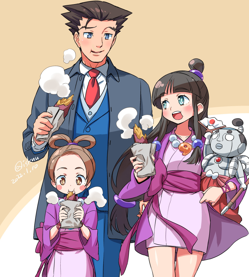 1boy 2girls absurdres ace_attorney black_hair blue_eyes blush_stickers brown_eyes brown_hair dated eating food formal hair_rings hair_slicked_back highres holding holding_stuffed_toy isedaichi_ken jacket japanese_clothes jewelry kimono long_hair magatama magatama_necklace maya_fey multiple_girls necklace necktie open_mouth pearl_fey phoenix_wright red_necktie short_hair simple_background spiky_hair steam steel_samurai stuffed_toy suit sweet_potato topknot