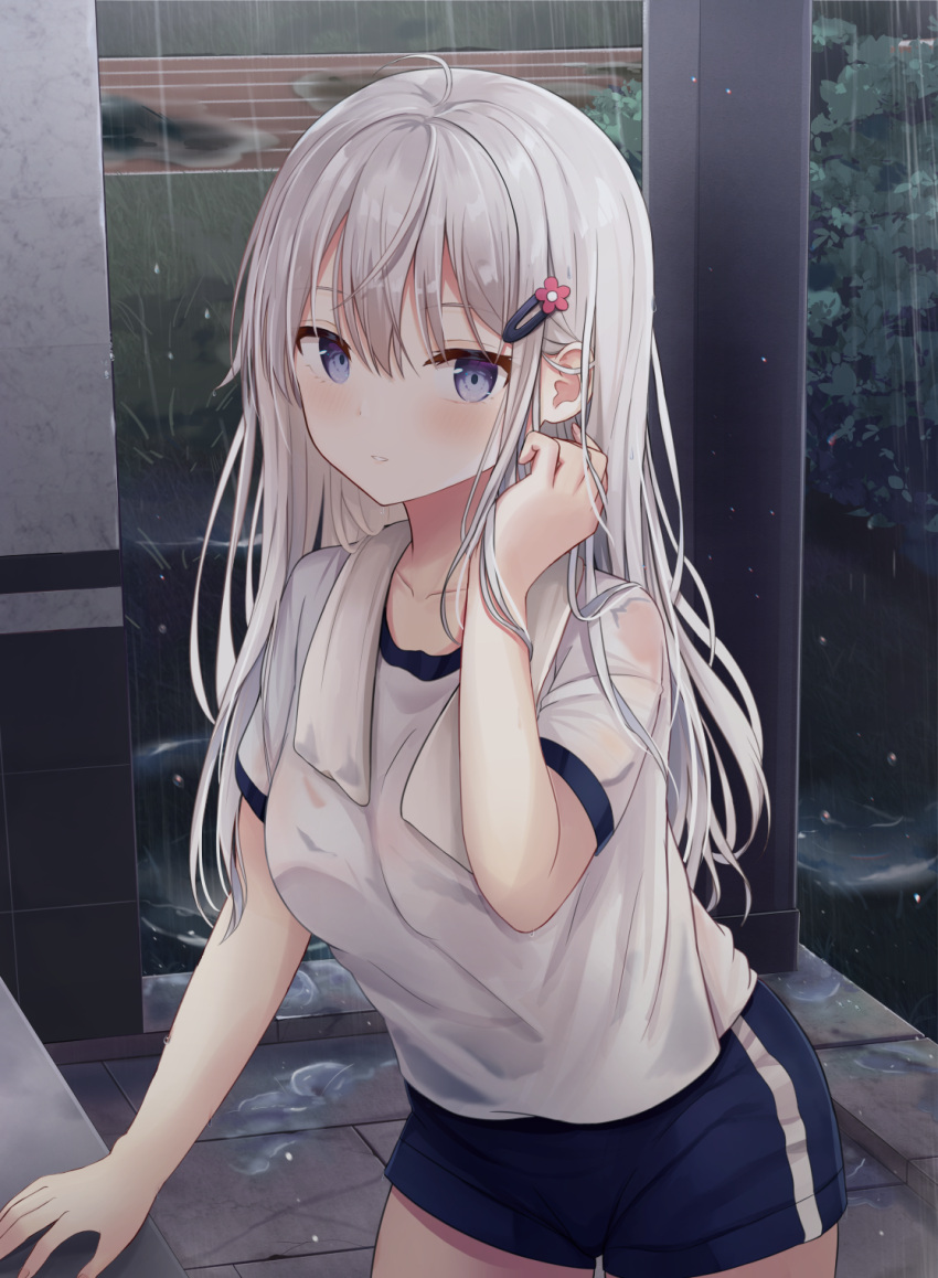 1girl bangs blush breasts collarbone gym_shirt gym_shorts gym_uniform hair_ornament hairpin highres light_purple_eyes long_hair original outdoors rain shirt shorts solo touhourh wet wet_clothes white_hair