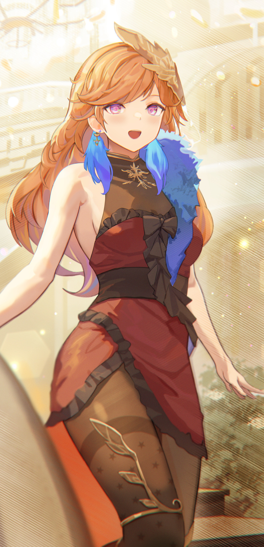 1girl absurdres bare_shoulders breasts dolphenry dress earrings feather_hair hair_ornament highres hololive hololive_english jewelry long_hair official_alternate_costume orange_hair pantyhose patterned_legwear red_dress sideboob solo takanashi_kiara violet_eyes virtual_youtuber