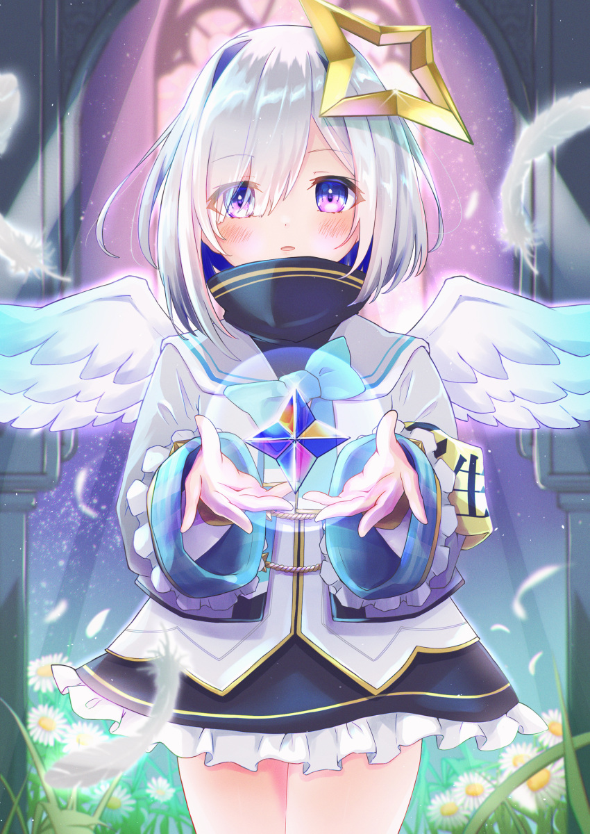 1girl absurdres amane_kanata angel_wings bangs black_shirt black_skirt blue_bow blue_hair blush bow commentary_request eyebrows_visible_through_hair eyes_visible_through_hair feathered_wings feathers flower frilled_skirt frills hair_intakes hair_over_one_eye high_collar highres hilamaru hololive jacket looking_at_viewer multicolored_hair parted_lips shirt skirt solo stained_glass two-tone_hair violet_eyes virtual_youtuber white_feathers white_flower white_jacket white_wings wings
