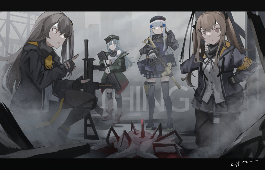404_(girls'_frontline) 4girls absurdres artist_name assault_rifle bangs bare_shoulders beret black_legwear blunt_bangs breasts brown_eyes brown_hair chcn closed_mouth commentary_request english_text eyebrows_visible_through_hair facial_mark fog full_body g11_(girls'_frontline) girls_frontline gloves green_eyes green_jacket grey_hair gun h&amp;k_g11 h&amp;k_hk416 h&amp;k_ump45 hair_between_eyes hair_ornament hairclip hat highres hk416_(girls'_frontline) holding jacket long_hair looking_at_another military_jacket multiple_girls one_side_up open_mouth outdoors pantyhose plaid plaid_skirt ribbon rifle scar scar_across_eye scar_on_face shirt shoes skirt sleeveless sleeveless_shirt sneakers squatting standing teardrop thigh-highs twintails ump45_(girls'_frontline) ump9_(girls'_frontline) weapon white_hair white_shirt