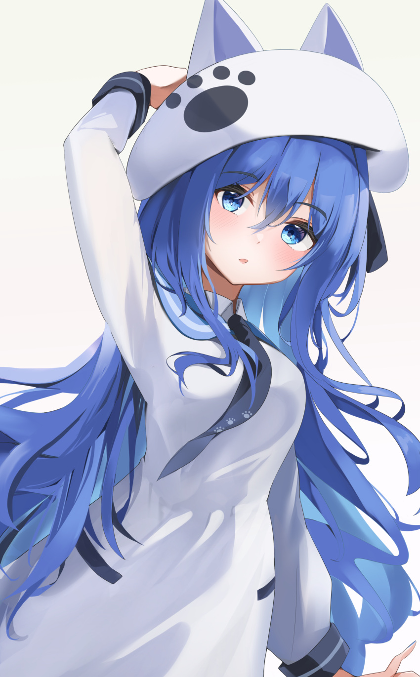 1girl 258n absurdres bangs black_necktie blue_eyes blue_hair blue_sailor_collar blush breasts collared_shirt commission copyright_request dress hat highres long_hair long_sleeves looking_at_viewer necktie sailor_collar shirt skeb_commission solo white_background white_dress