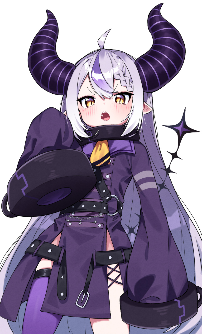 1girl absurdres ahoge bangs blush braid braided_bangs commentary demon_horns dress eyebrows_visible_through_hair grey_hair hair_between_eyes highres hololive horns la+_darknesss long_hair long_sleeves looking_at_viewer multicolored_hair open_mouth purple_dress purple_hair purple_legwear simple_background single_thighhigh sleeves_past_fingers sleeves_past_wrists solo standing streaked_hair thigh-highs tosyeo v-shaped_eyebrows very_long_hair virtual_youtuber white_background yellow_eyes