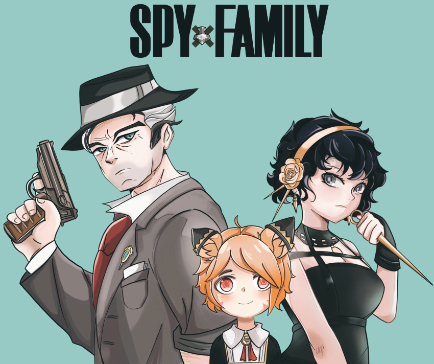 1boy 2girls anya_(spy_x_family) anya_(spy_x_family)_(cosplay) aqua_background black_hair brawlhalla breasts bright_pupils commentary cosplay cringywoomy cross_(brawlhalla) diana_(brawlhalla) earrings eden_academy_uniform english_commentary english_text family formal fox_girl green_eyes grey_eyes grey_pupils gun hairband hand_up handgun hat highres holding holding_gun holding_weapon jewelry kunai logo logo_parody looking_afar looking_at_viewer medium_breasts messy_hair multiple_girls necktie orange_hair pistol red_tie redhead rose_hair_ornament school_uniform shiny shiny_clothes shiny_hair simple_background smile spy_x_family standing suit twilight_(spy_x_family) twilight_(spy_x_family)_(cosplay) upper_body weapon white_hair yor_briar yor_briar_(cosplay) yumiko_(brawlhalla)