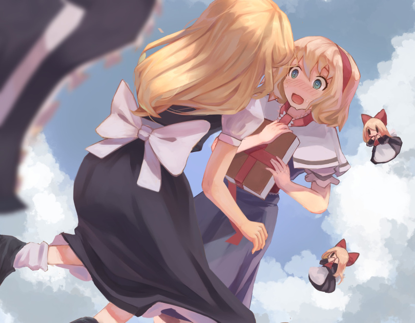 4girls @_@ alice_margatroid black_dress black_headwear blonde_hair blue_dress blue_eyes blue_sky book bow capelet clouds dress hair_bow hairband headwear_removed highres holding holding_book kirisame_marisa long_hair medium_hair multiple_girls nyztsune open_mouth outdoors petticoat red_bow red_hairband shanghai_doll short_hair sky touhou white_bow white_capelet