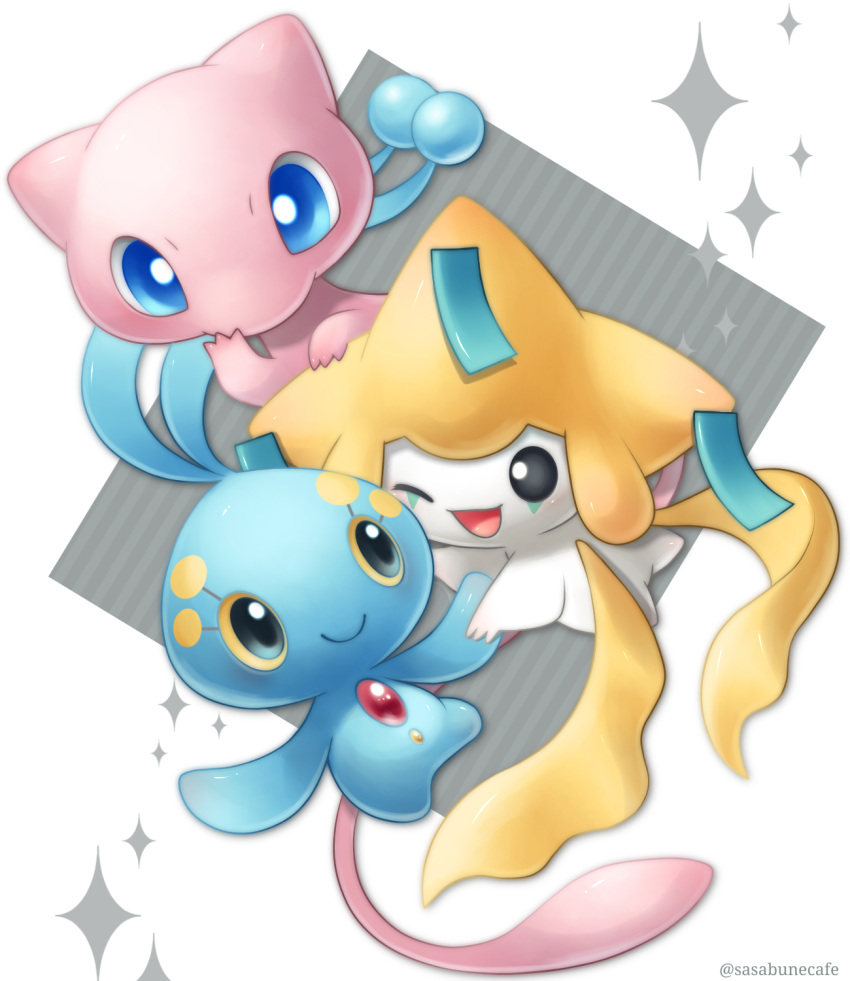 ;d blue_eyes bright_pupils closed_mouth commentary_request happy highres jirachi manaphy mew no_humans one_eye_closed open_mouth pokemon pokemon_(creature) sasabunecafe smile sparkle tongue twitter_username white_background