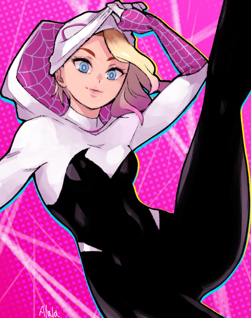 1girl blonde_hair blue_eyes bodysuit breasts english_commentary eyebrow_piercing gwen_stacy highres hood hooded_bodysuit looking_at_viewer marvel mask medium_breasts piercing skin_tight smile solo spider-gwen spider-man:_across_the_spider-verse_(part_one) spider-man_(series) spider_web_print superhero sushi_pizza_rrr