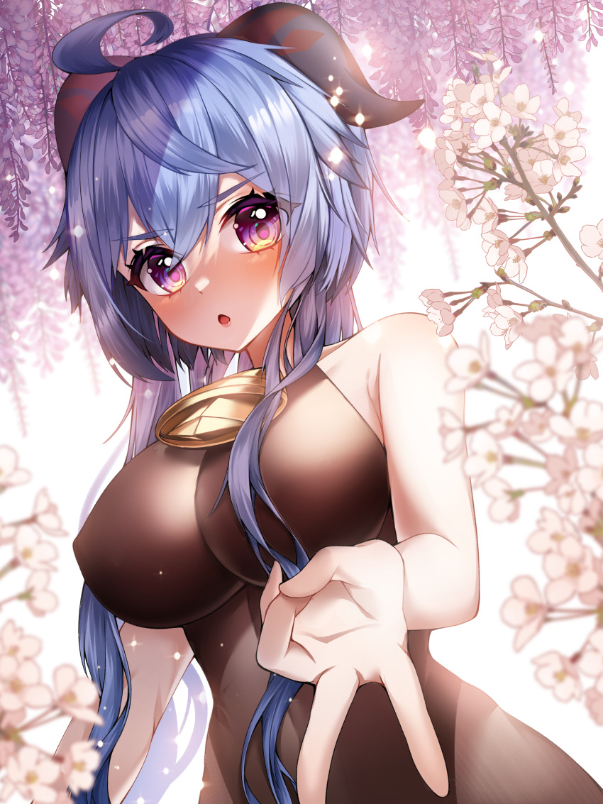 1girl :o absurdres ahoge bangs bare_arms bell black_leotard blue_hair blush bodystocking bodysuit breasts eyebrows_visible_through_hair flower ganyu_(genshin_impact) genshin_impact hando_2020 highres horns large_breasts leotard leotard_under_clothes long_hair looking_at_viewer neck_bell no_gloves nose_blush open_mouth pink_flower sidelocks sleeveless solo v violet_eyes white_flower
