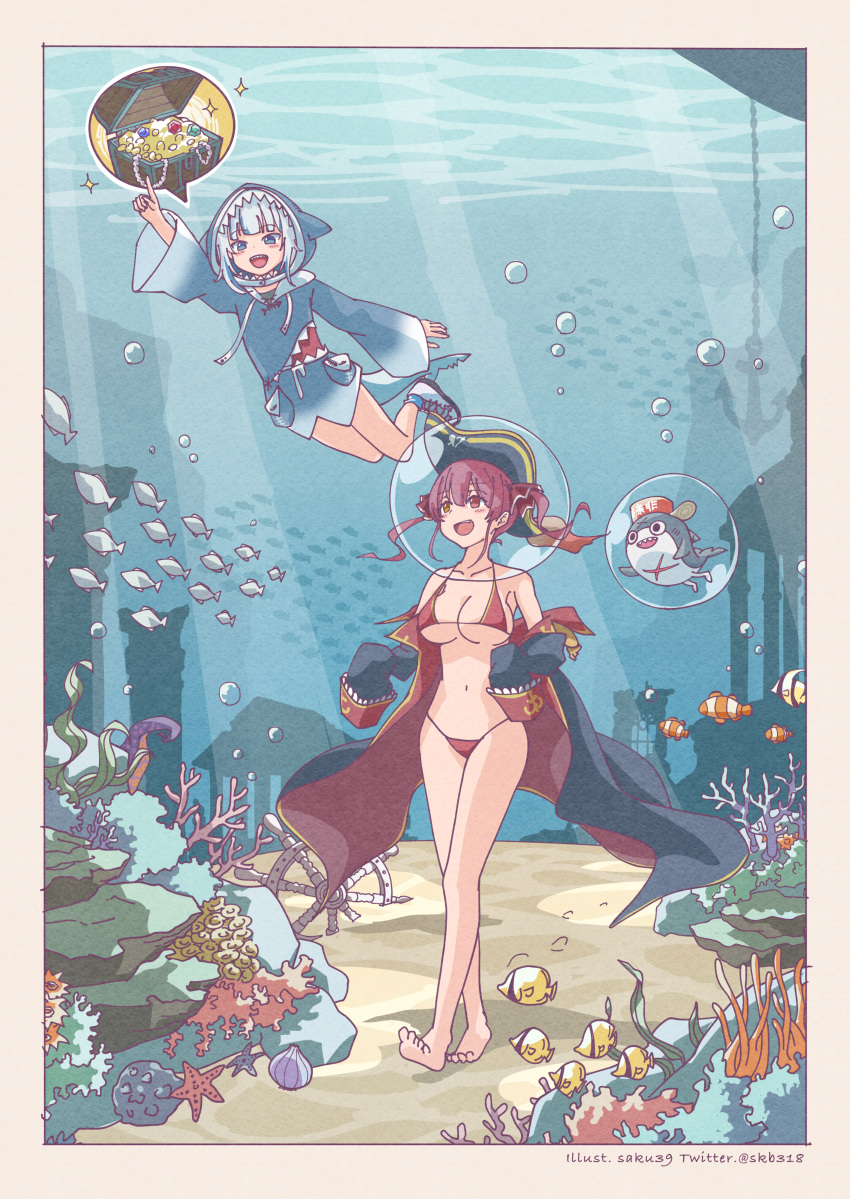 2girls :d absurdres anchor animal_hood arm_up artist_name barefoot bikini bloop_(gawr_gura) blue_eyes blue_hair blush border breasts bubble chain clam clownfish coral_reef fish fish_tail floating_hair full_body gawr_gura gem gold_coin hat heterochromia highres holding hololive hololive_english hood houshou_marine index_finger_raised jacket large_breasts long_hair looking_at_another looking_at_viewer looking_up medium_hair multicolored_hair multiple_girls navel off_shoulder onesie open_mouth pirate_hat pointing red_bikini red_eyes redhead saku39_(skb318) school_of_fish seaweed shark_hood shark_tail sharp_teeth ship's_wheel shoes sleeves_past_wrists smile sparkle spoken_object starfish stomach streaked_hair sunfish swimming swimsuit tail teeth tentacles treasure treasure_chest twintails twitter_username two-tone_hair underwater underwater_city virtual_youtuber walking water whale white_border white_hair yellow_eyes