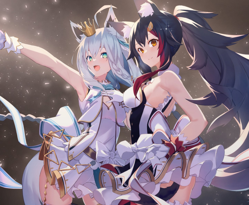 2girls ahoge animal_ears arm_up armpits ass bangs bare_shoulders black_hair blue_eyes bow braid breasts closed_mouth collared_dress cowboy_shot crown dress dress_bow flat_chest fox_ears fox_girl fox_tail from_side gloves green_eyes hair_ornament hair_strand hairclip hand_on_own_chest hand_up hololive long_hair looking_at_viewer looking_to_the_side medium_breasts messy_hair multicolored_clothes multicolored_dress multiple_girls ninsaki_(9saki) ookami_mio open_mouth ponytail shirakami_fubuki sidelocks simple_background sleeveless smile sparkle standing sweat sweatdrop tail thighs tongue very_long_hair virtual_youtuber white_bow white_gloves white_hair wrist_straps wristband