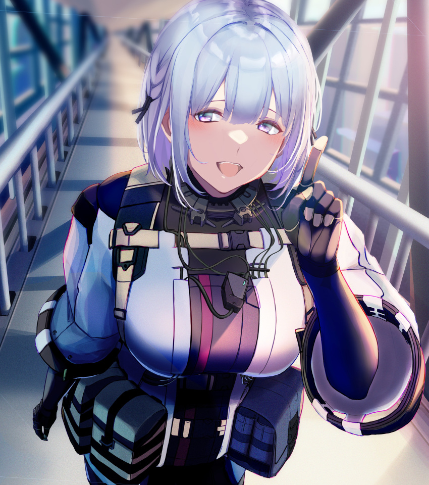 1girl 3_small_spiders absurdres ammunition_belt bangs black_bodysuit black_shorts blush bodysuit breasts commentary defy_(girls'_frontline) eyebrows_visible_through_hair feet_out_of_frame girls_frontline hair_ornament hairclip harness highres index_finger_raised large_breasts leaning_forward looking_at_viewer open_mouth revision rpk-16_(girls'_frontline) short_hair shorts simple_background smile solo standing tactical_clothes teeth upper_teeth violet_eyes wide_sleeves