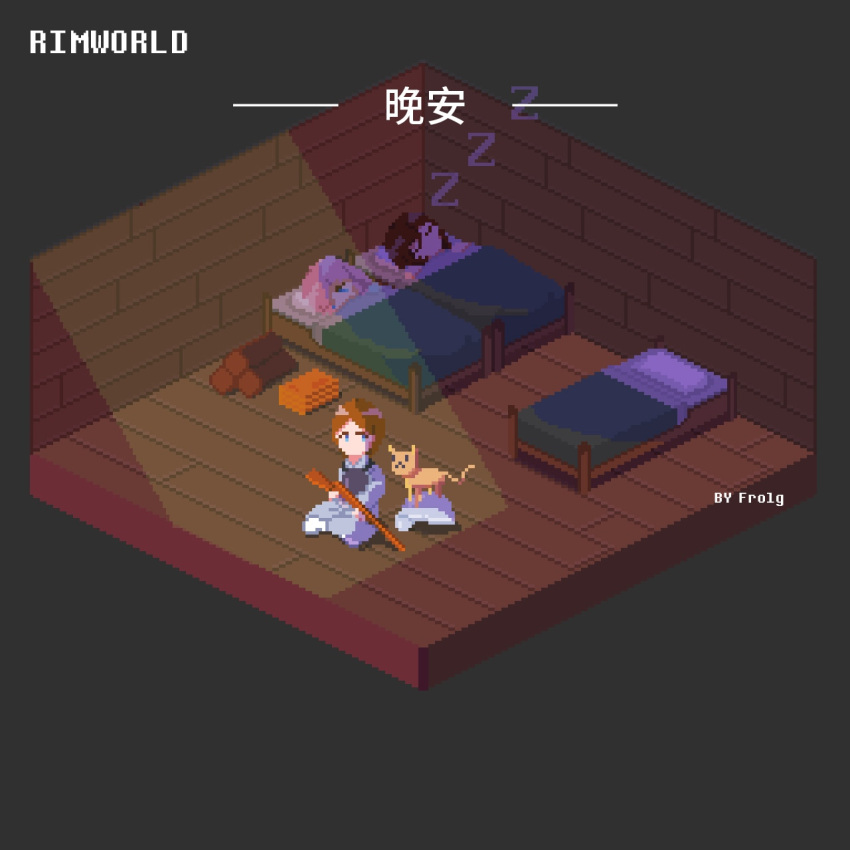 1boy 2girls :&lt; artist_name bed blue_eyes body_armor brick_wall brown_hair cat chinese_text closed_eyes commentary english_text frolg gun headwear_removed helmet helmet_removed highres indoors isometric log long_hair mixed-language_commentary mre multiple_girls on_floor pink_hair pixel_art rifle rimworld sitting sleeping wall weapon zzz