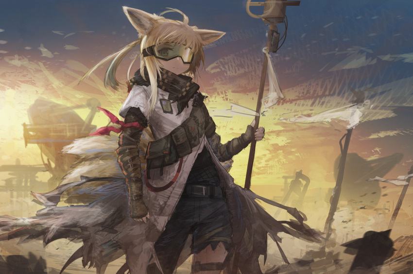 1girl absurdres ahoge animal_ear_fluff animal_ears arknights black_pants black_shirt blonde_hair brown_gloves closed_mouth commentary elbow_gloves english_commentary fingerless_gloves fox_ears fox_girl fox_tail franlol gloves goggles highres holding holding_staff jacket kitsune layered_sleeves long_hair long_sleeves looking_at_viewer outdoors pants shirt short_over_long_sleeves short_sleeves solo staff suzuran_(arknights) suzuran_(lostlands_flowering)_(arknights) tail torn_clothes torn_pants white_jacket