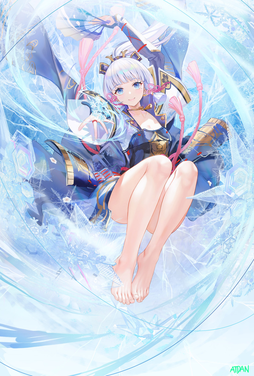 1girl arm_up armor artist_name atdan bangs bare_legs barefoot blue_eyes blue_hair blue_jacket blue_skirt blunt_bangs breastplate choker closed_mouth duplicate eyebrows_visible_through_hair feet floating_hair folding_fan full_body genshin_impact gloves hair_ornament hair_ribbon hand_fan highres holding holding_fan jacket kamisato_ayaka long_hair looking_at_viewer mole mole_under_eye neck_tassel outstretched_arm partially_fingerless_gloves pink_ribbon pixel-perfect_duplicate ponytail ribbon sidelocks skirt smile snowflake_print snowflakes solo tassel toes yellow_choker