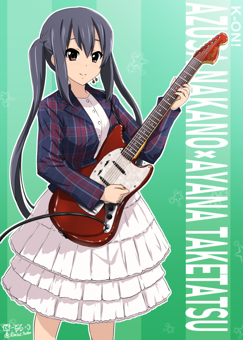 1girl black_hair blazer blue_jacket brown_eyes character_doll commentary_request cowboy_shot diesel-turbo fender frilled_skirt frills highres jacket k-on! long_hair nakano_azusa plaid plaid_jacket shirt skirt smile solo taketatsu_ayana twintails voice_actor_connection white_shirt