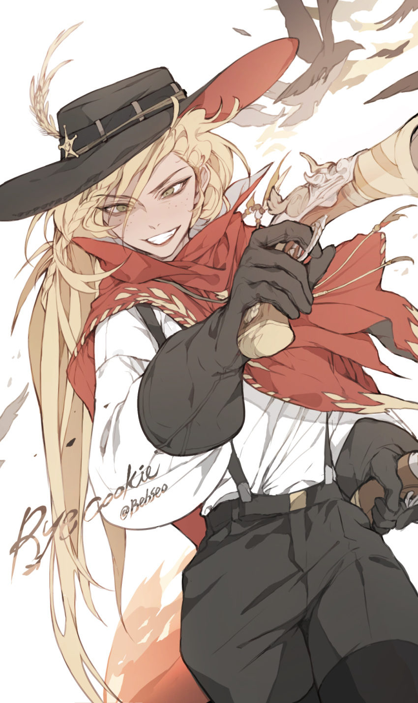 1girl bandana bangs bebseo bird bird_tail bird_wings blonde_hair braid brown_eyes character_name cookie_run cowboy_hat cowboy_western feather_hair_ornament feathers gloves gun hair_ornament handgun hat highres holding holding_weapon looking_at_viewer pistol ponytail rye_cookie tail tan weapon wings