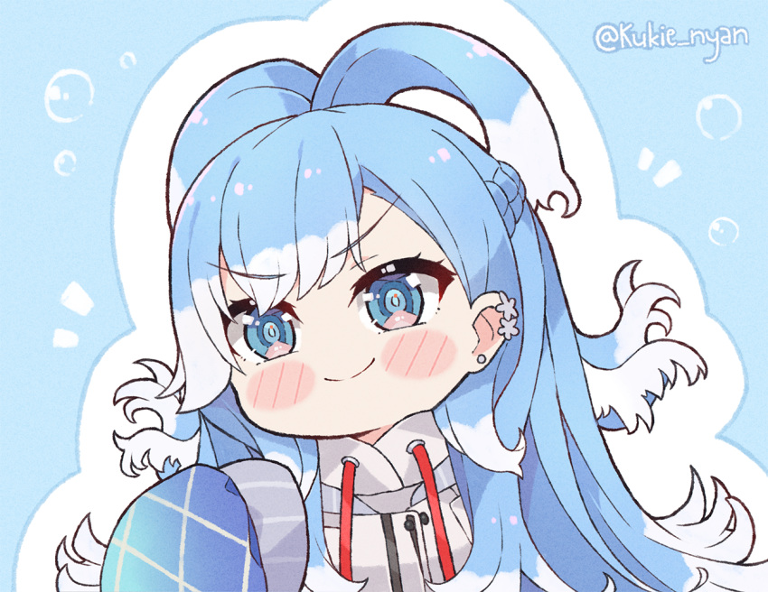 1girl blue_eyes blue_hair blush_stickers chibi commentary english_commentary hololive hololive_indonesia kobo_kanaeru kukie-nyan long_hair multicolored_hair smile streaked_hair twitter_username two-tone_hair v-shaped_eyebrows virtual_youtuber white_hair