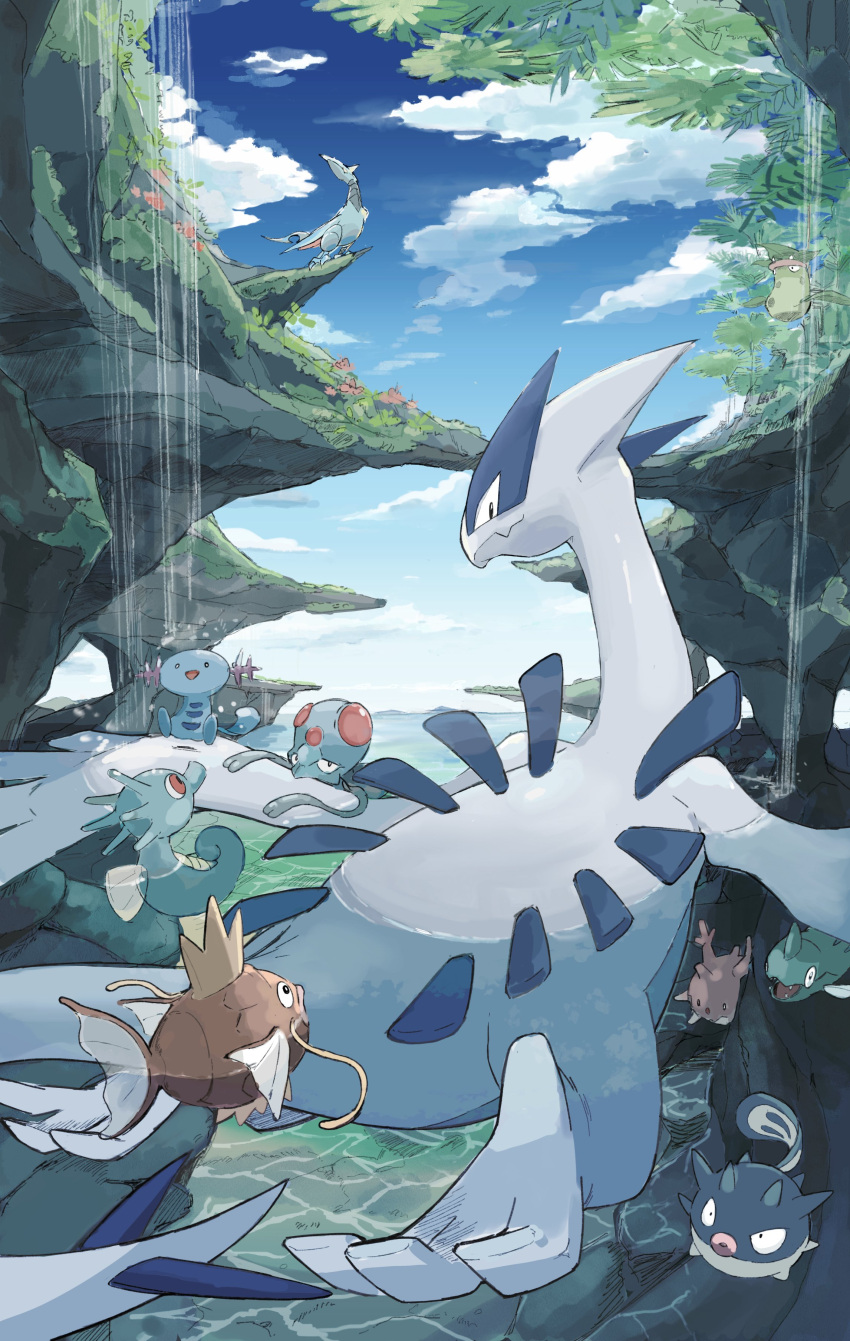 absurdres blue_sky cave clouds corsola day fish highres horsea looking_at_another looking_back lugia magikarp momota_pix nature no_humans outdoors pokemon pokemon_(creature) qwilfish red_eyes remoraid rock skarmory sky swimming tentacool underwater water waterfall weepinbell wooper