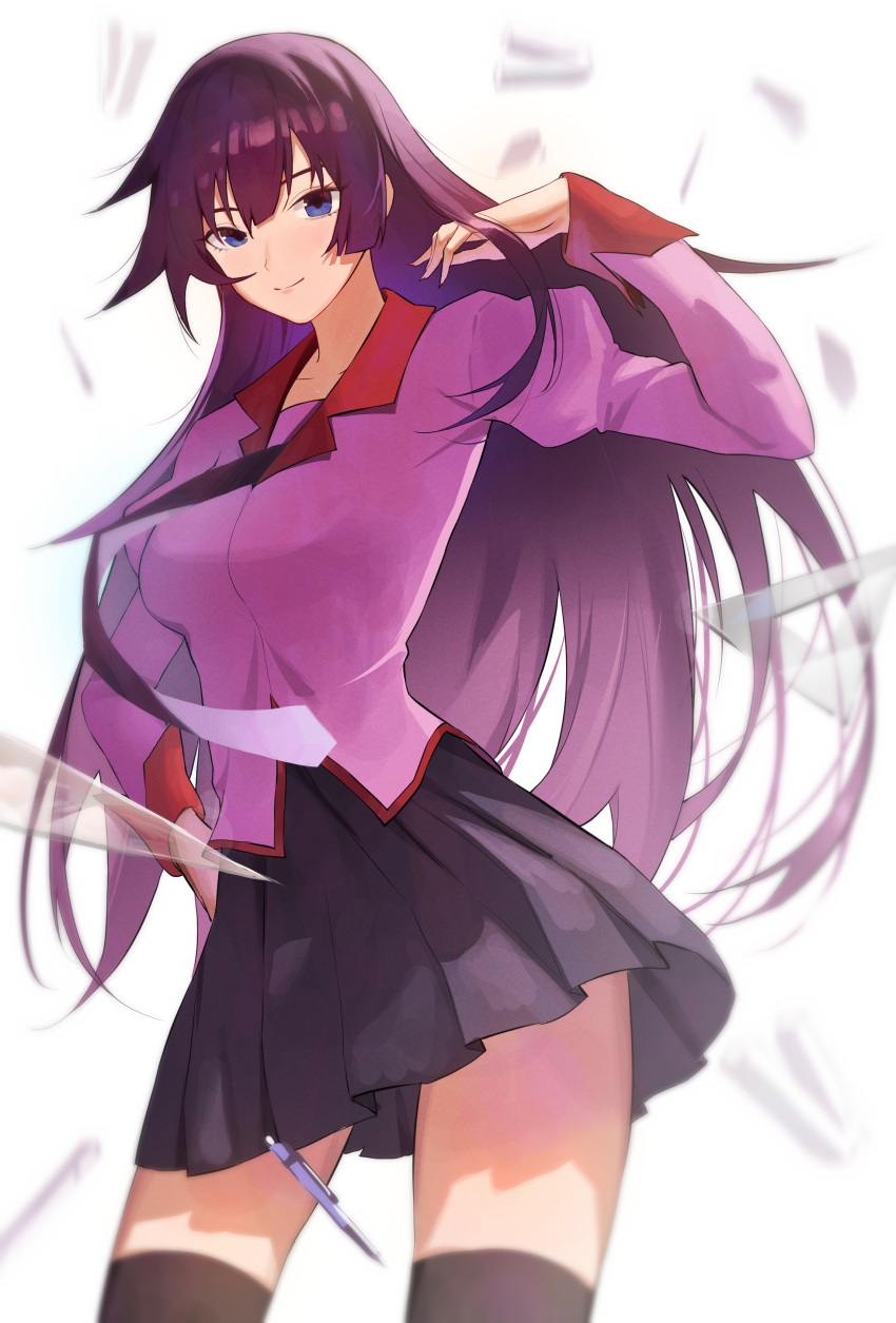 1girl absurdres arched_back bakemonogatari bangs blue_eyes blue_skirt blurry blurry_background blurry_foreground breasts closed_mouth collarbone cowboy_shot depth_of_field english_commentary hand_on_hip hand_up highres juliet_sleeves long_hair long_sleeves mechanical_pencil medium_breasts monogatari_(series) naoetsu_high_school_uniform pat_bharasarn pencil pink_shirt pleated_skirt puffy_sleeves purple_hair school_uniform senjougahara_hitagi shadow shiny shiny_hair shirt sidelocks skirt smile solo stapler thighs