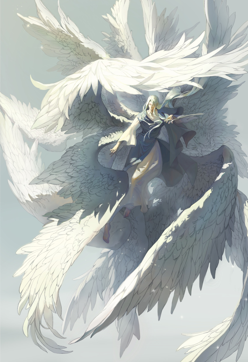 1boy absurdres angel angel_wings barefoot chinese_commentary colored_eyelashes commentary_request flying grey_eyes highres long_hair lord_of_the_mysteries multiple_wings ouroboros_(lord_of_the_mysteries) shouxianwu135 sky solo white_robe wings