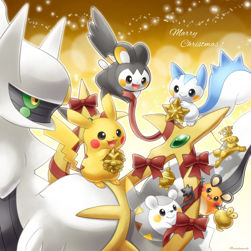 :d applin arceus colored_sclera commentary_request dedenne emolga green_sclera happy highres holding merry_christmas no_humans open_mouth pachirisu pikachu pokemon pokemon_(creature) red_ribbon ribbon sasabunecafe seedot smile stantler themed_object togedemaru tongue yellow_eyes