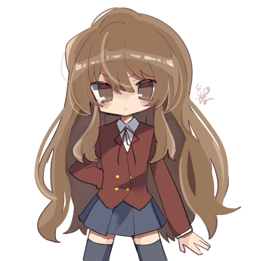 1girl :3 aisaka_taiga bangs black_legwear blazer blue_skirt brown_eyes brown_hair buttons closed_mouth collared_shirt commentary cowboy_shot double-breasted hair_between_eyes highres jacket long_hair long_sleeves looking_at_viewer neck_ribbon oohashi_high_school_uniform red_jacket red_ribbon ribbon school_uniform shirt simple_background skirt solo standing thigh-highs toradora! very_long_hair white_background white_shirt zvvvvb
