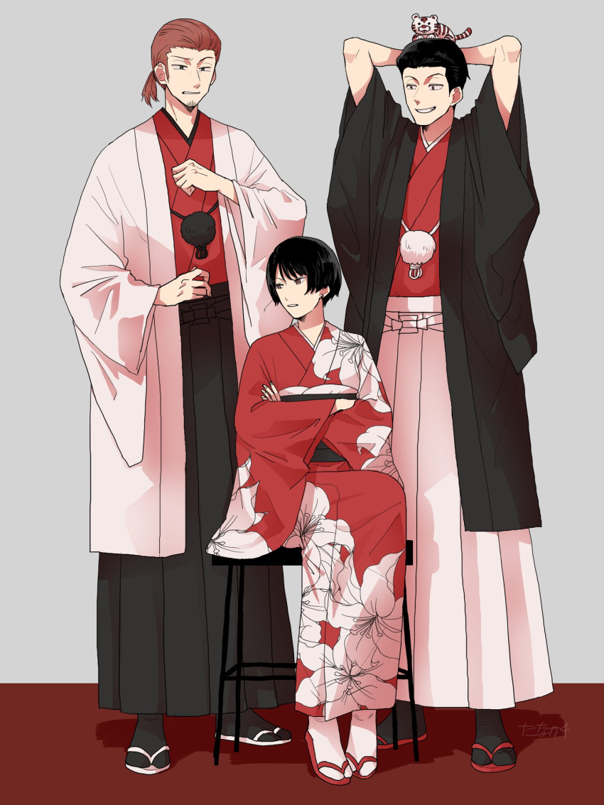 1girl 2boys arms_behind_head arms_up bangs black_hair black_hakama black_legwear chinese_zodiac clenched_teeth crossed_arms earrings facial_hair floral_print full_body furisode fuyushima_shinji grey_background grin hair_pulled_back hair_slicked_back hakama hand_up haori haori_himo highres japanese_clothes jewelry kimono long_sleeves looking_at_another looking_at_viewer looking_away looking_down looking_to_the_side maki_risa multiple_boys new_year obi object_on_head ponytail pout red_kimono red_theme redhead rism02682 sash short_hair sitting smile standing stool stubble stuffed_animal stuffed_tiger stuffed_toy tabi teeth touma_isami uneven_eyes white_hakama white_legwear wide_sleeves world_trigger year_of_the_tiger zouri