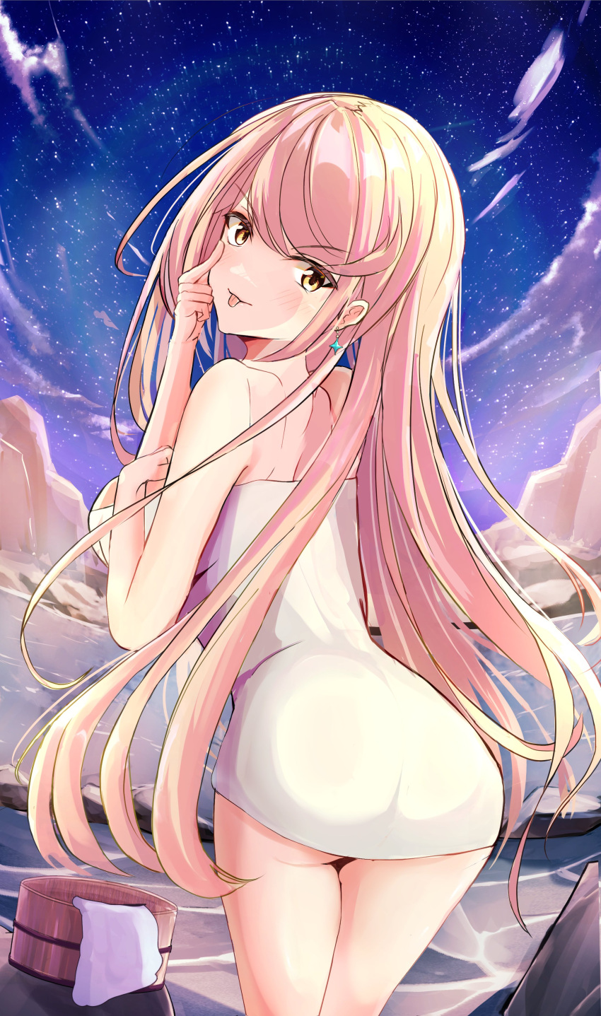 1girl absurdres bangs blonde_hair breasts earrings highres jewelry karuushi large_breasts mythra_(xenoblade) naked_towel solo swept_bangs tongue tongue_out towel xenoblade_chronicles_(series) xenoblade_chronicles_2 yellow_eyes