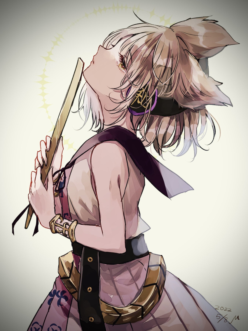 1girl bangs belt black_sailor_collar bracelet brown_eyes brown_hair closed_mouth dated earmuffs eyebrows_visible_through_hair from_side highres holding jewelry looking_at_viewer m_(neteitai10) pointy_hair ritual_baton sailor_collar sleeveless solo touhou toyosatomimi_no_miko upper_body