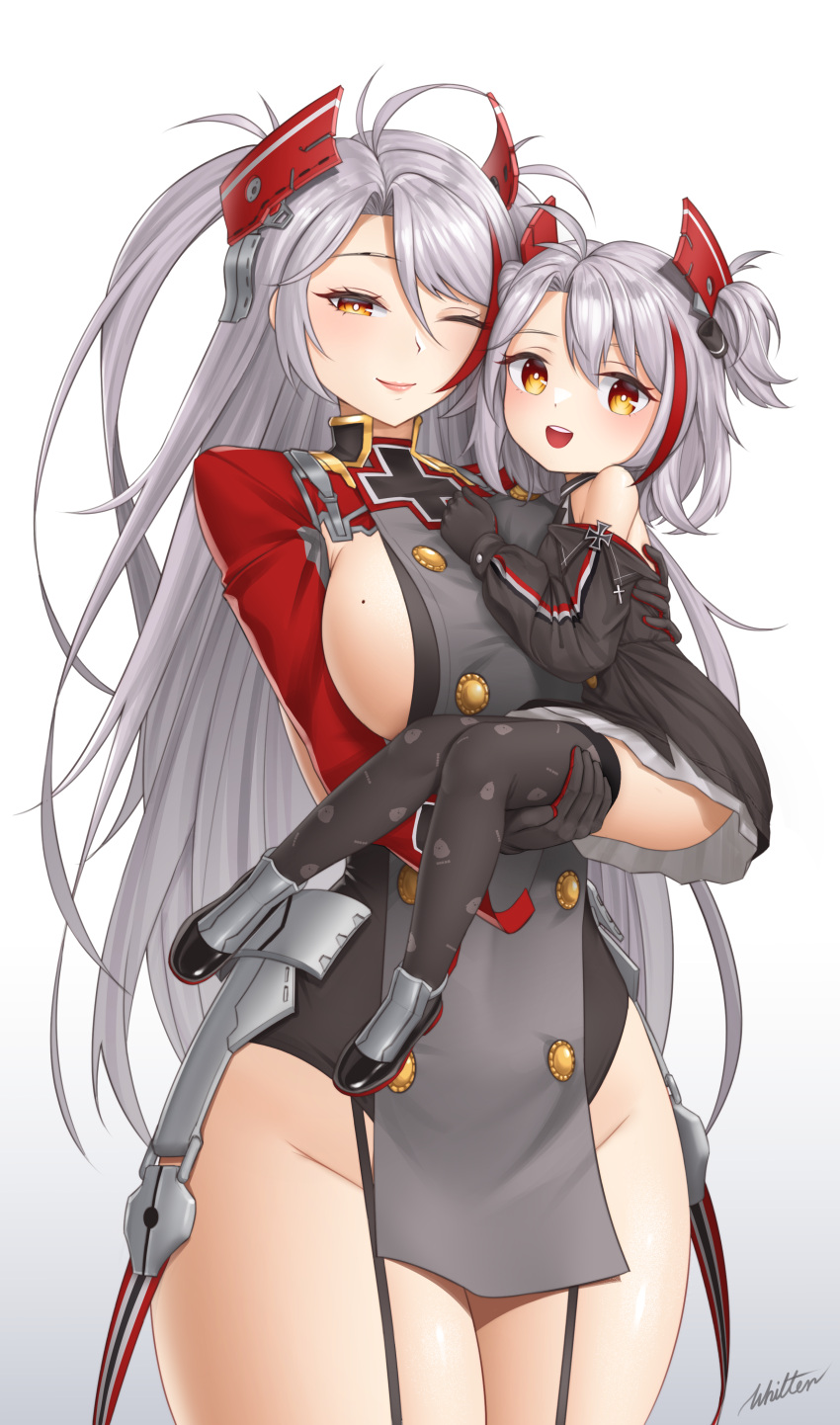 2girls :d ;) absurdres azur_lane bangs bare_shoulders breasts carrying child_carry closed_mouth cowboy_shot english_commentary garter_straps groin hair_between_eyes highres large_breasts little_prinz_eugen_(azur_lane) looking_at_viewer mole mole_on_breast multiple_girls one_eye_closed open_mouth prinz_eugen_(azur_lane) sideboob sidelocks simple_background smile standing teeth upper_teeth white_background whitter