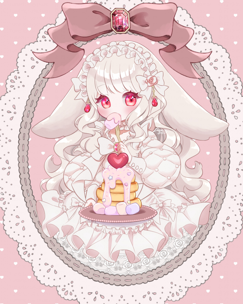 1girl :o absurdres animal_ears blonde_hair blush bow collar detached_collar eyebrows_visible_through_hair flower food fork frilled_collar frills gem hairband heart highres holding holding_fork holding_plate icing lolita_fashion lolita_hairband long_hair long_sleeves looking_to_the_side marshmallow original pancake petticoat pink_eyes plate quilted_clothes rabbit_ears rose signature solo very_long_hair wavy_hair yume_harukasumi