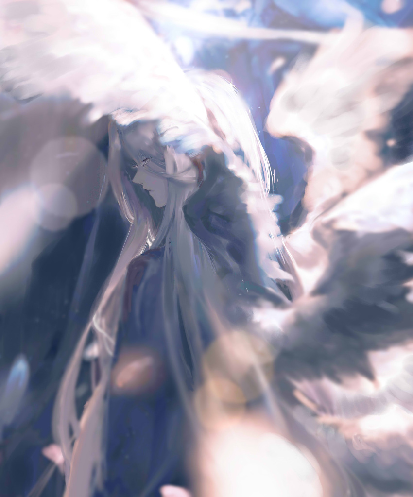 1boy absurdres angel angel_wings chinese_commentary closed_eyes closed_mouth colored_eyelashes commentary_request eucalyptus-household feathers from_behind highres light long_hair lord_of_the_mysteries multiple_wings ouroboros_(lord_of_the_mysteries) solo sunlight white_robe wings