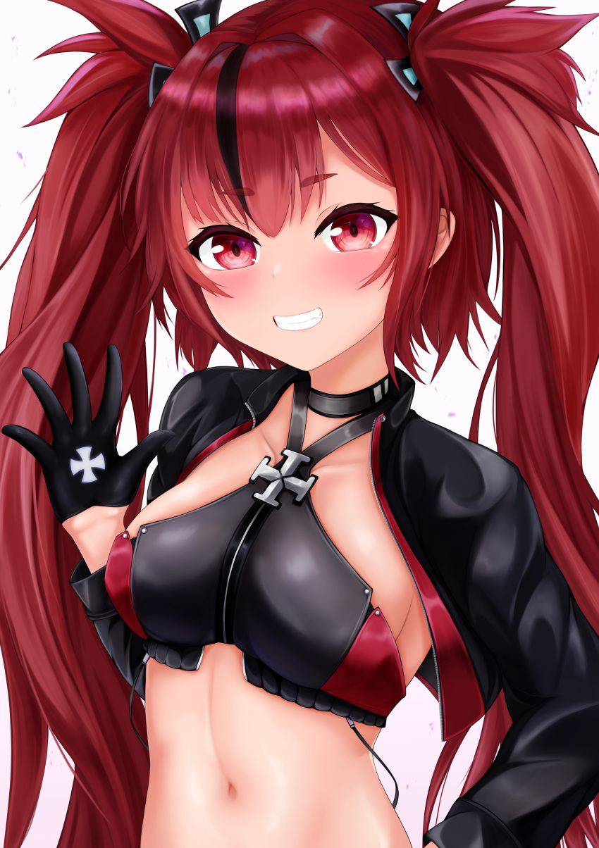 1girl absurdres azur_lane black_choker black_gloves black_jacket breasts choker crop_top cropped_jacket gloves grin hair_ornament halter_top halterneck hand_up highres jacket long_hair looking_at_viewer midriff multicolored_hair navel open_clothes open_jacket red_eyes redhead revealing_clothes ryara sleeveless small_breasts smile solo stomach streaked_hair twintails u-1206_(azur_lane) upper_body
