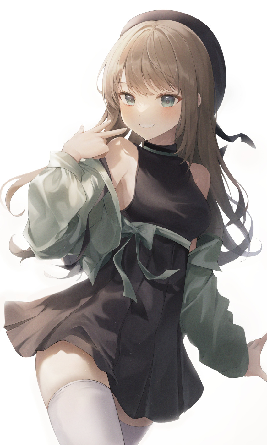 1girl absurdres black_dress black_headwear blouse blush bow breasts dress duyu green_bow green_eyes green_shirt highres large_breasts light_brown_hair long_hair looking_at_viewer off-shoulder_dress off_shoulder original pleated_dress shirt simple_background smile solo thigh-highs white_background white_legwear