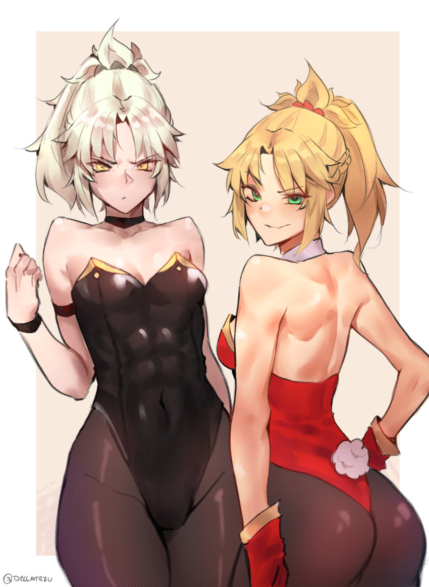 2girls abs absurdres artist_name ass black_choker black_leotard blonde_hair blush blush_stickers border choker covered_navel dark_persona deccatezu dress english_commentary fate/grand_order fate_(series) gloves green_eyes grey_choker highres leotard looking_at_viewer mordred_(fate) multiple_girls outside_border pantyhose playboy_bunny ponytail rabbit_tail red_gloves red_leotard red_scrunchie scrunchie shoulder_blades smile strapless strapless_dress tail tan_background thighs twitter_username white_border yellow_eyes