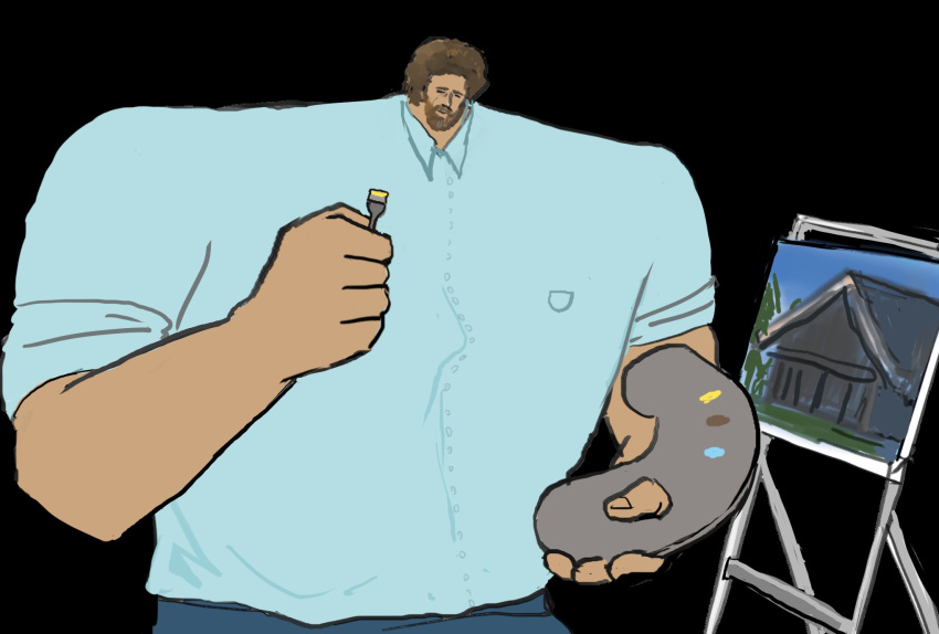 1boy anatomical_nonsense black_background blue_shirt bob_ross brown_hair canvas_(object) collared_shirt facial_hair highres holding holding_paintbrush holding_palette house male_focus mustache paintbrush painting_(object) palette_(object) real_life sattou shirt short_sleeves simple_background smile solo the_joy_of_painting upper_body