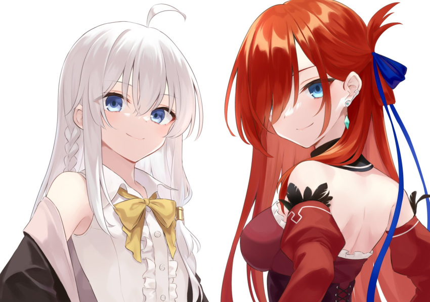 2girls ahoge azuuru backless_dress backless_outfit blue_bow blue_eyes bow braid dress ear_piercing elaina_(majo_no_tabitabi) eyebrows_behind_hair eyebrows_visible_through_hair feathers hair_over_eyes highres inori_no_kuni_no_riviere jewelry looking_at_viewer majo_no_tabitabi multiple_girls piercing red_dress redhead riviere_(inori_no_kuni_no_riviere) shirt simple_background sleeveless smile strapless strapless_dress transparent_background white_hair white_shirt yellow_bow